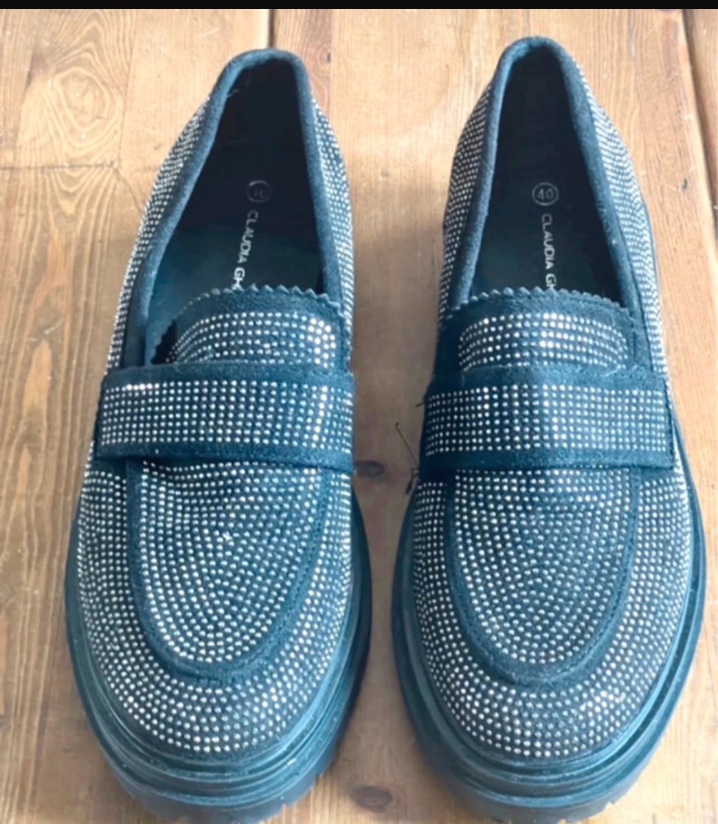 Claudia Ghizzani Black Chunky Loafers Rhinestone Slip-On Shoes UK 6.5