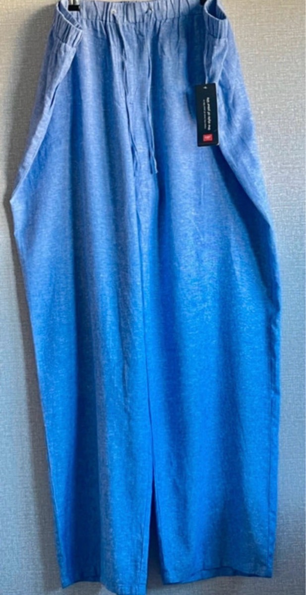 Cotton Trousers Size UK 24 Blend Linen Wide Leg Blue Color