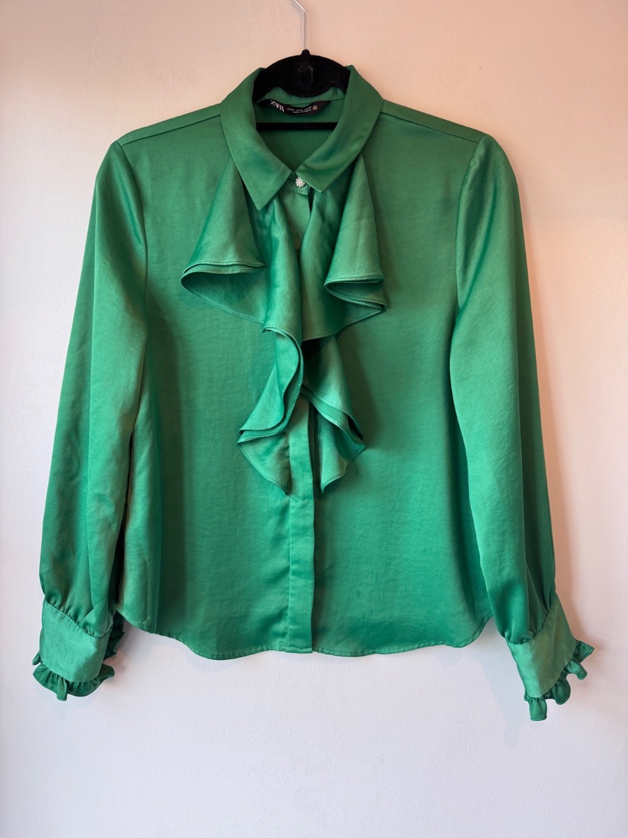 Zara Emerald Green Satin Ruffle Blouse M