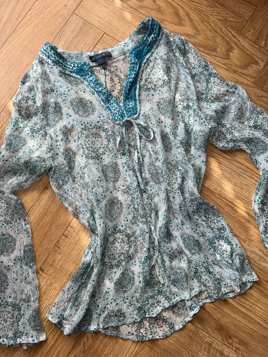 Patch Boho Teal Paisley Embroidered Bell Sleeve Top • Fits UK 10/12
