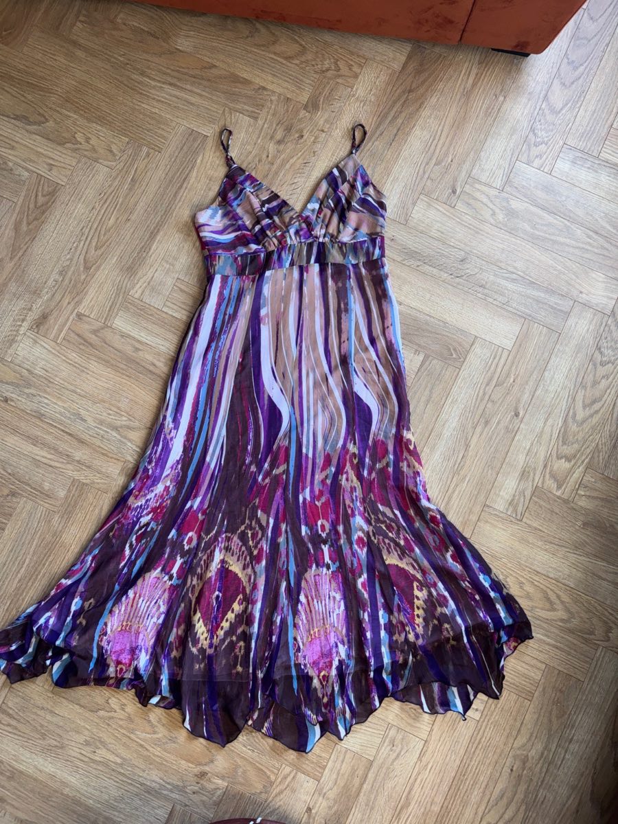 Per Una Y2K Abstract Watercolor Chiffon Maxi Dress Boho Handkerchief Hem - Size 14R
