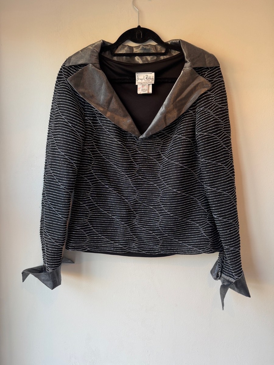 Vintage Joseph Ribkoff Y2K Top Blouse Metallic Silver Black Pleated Mesh UK 14