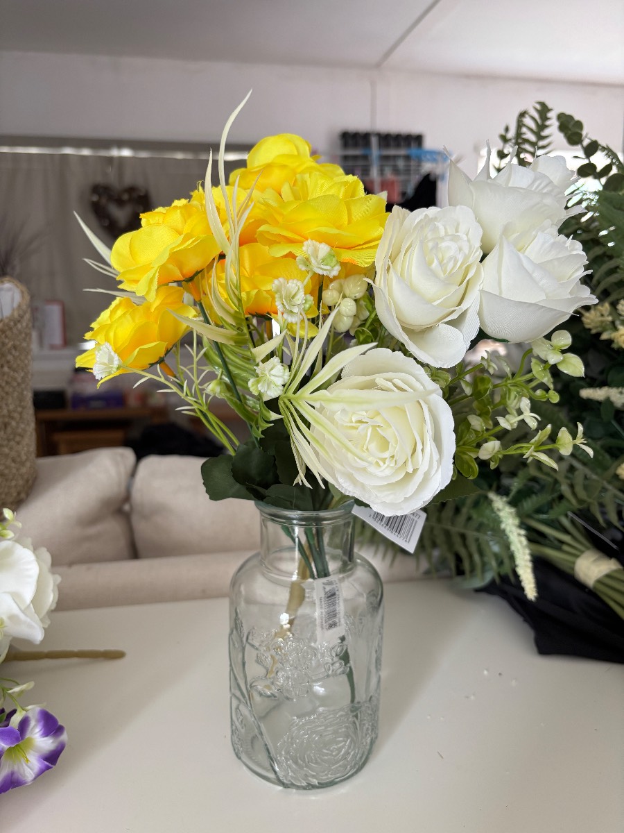 Beautiful Artificial Yellow & White Rose Bouquet with Embossed Glass Vase