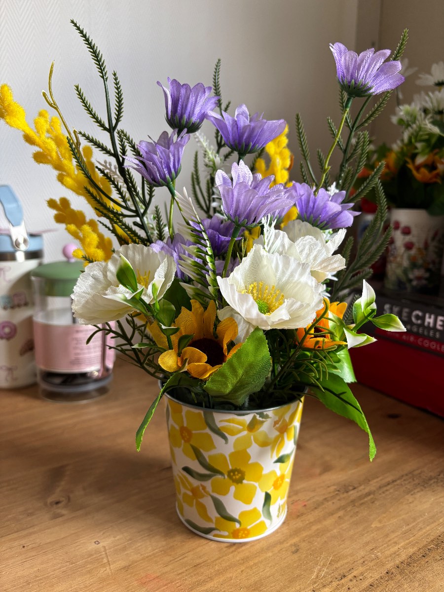 Pretty Artificial Flower Arrangement in Floral Metal Pot