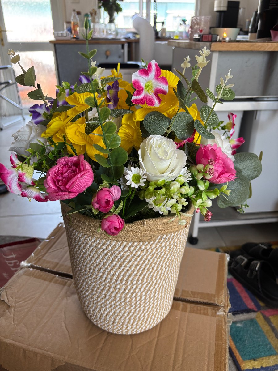 Faux Floral Arrangement in Woven Cotton Planter