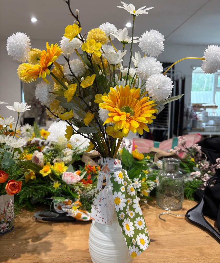 Vase & Hand Tied Faux Flowers
