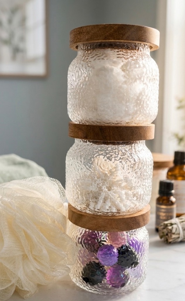 New - Set of 3 Textured Glass Vanity Jars & Mesh Shower Puff / Bath Organisers