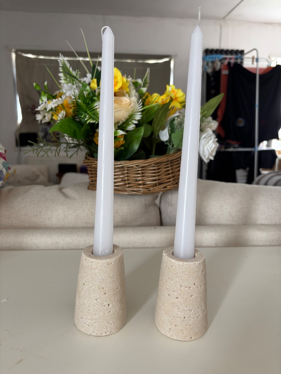 Pair of Neutral Faux-Stone Taper Candle Holders