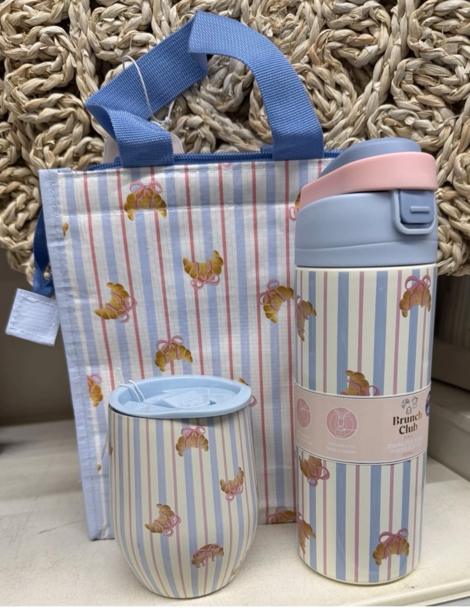 Viral B&M Brunch Club Bow & Croissant Set Of 3 Bag, Travel Cup & Bottle BN