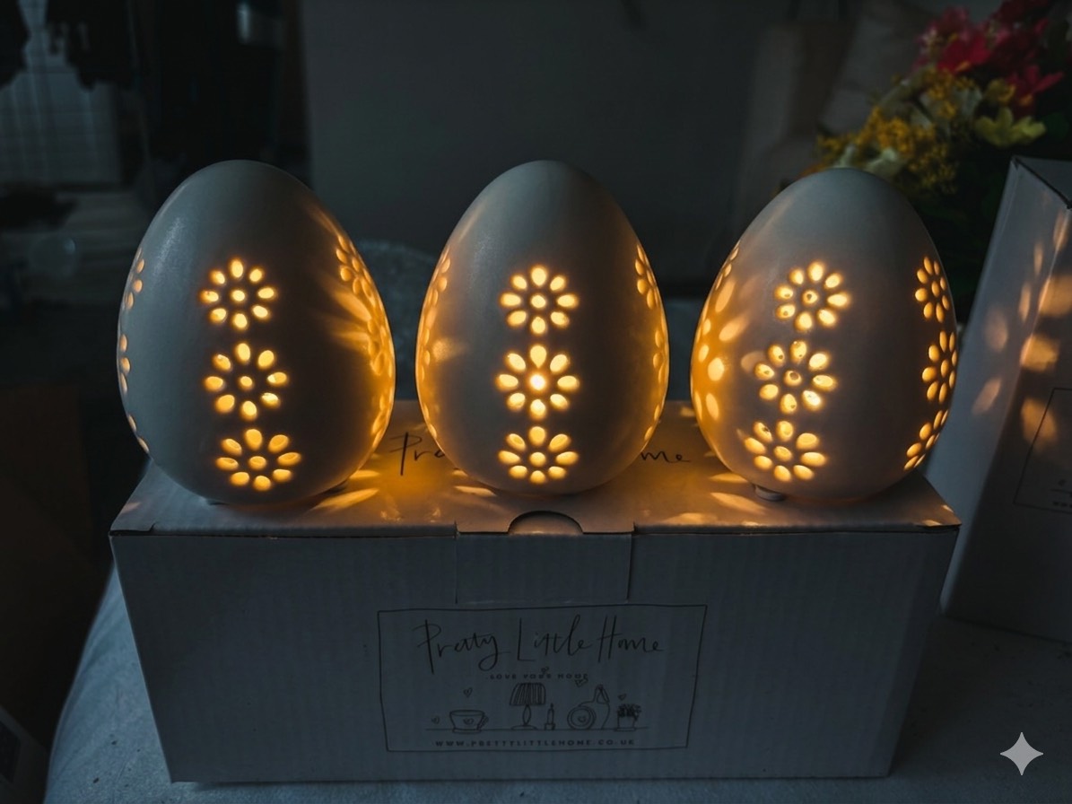 Brand New Pretty Little Home Set of 3 White Ceramic LED Eggs