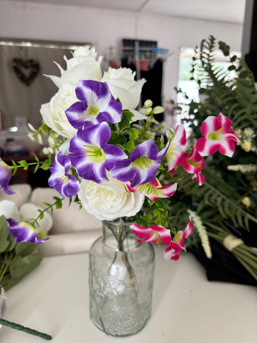 New - Beautiful Faux Floral Arrangement with Glass Vase