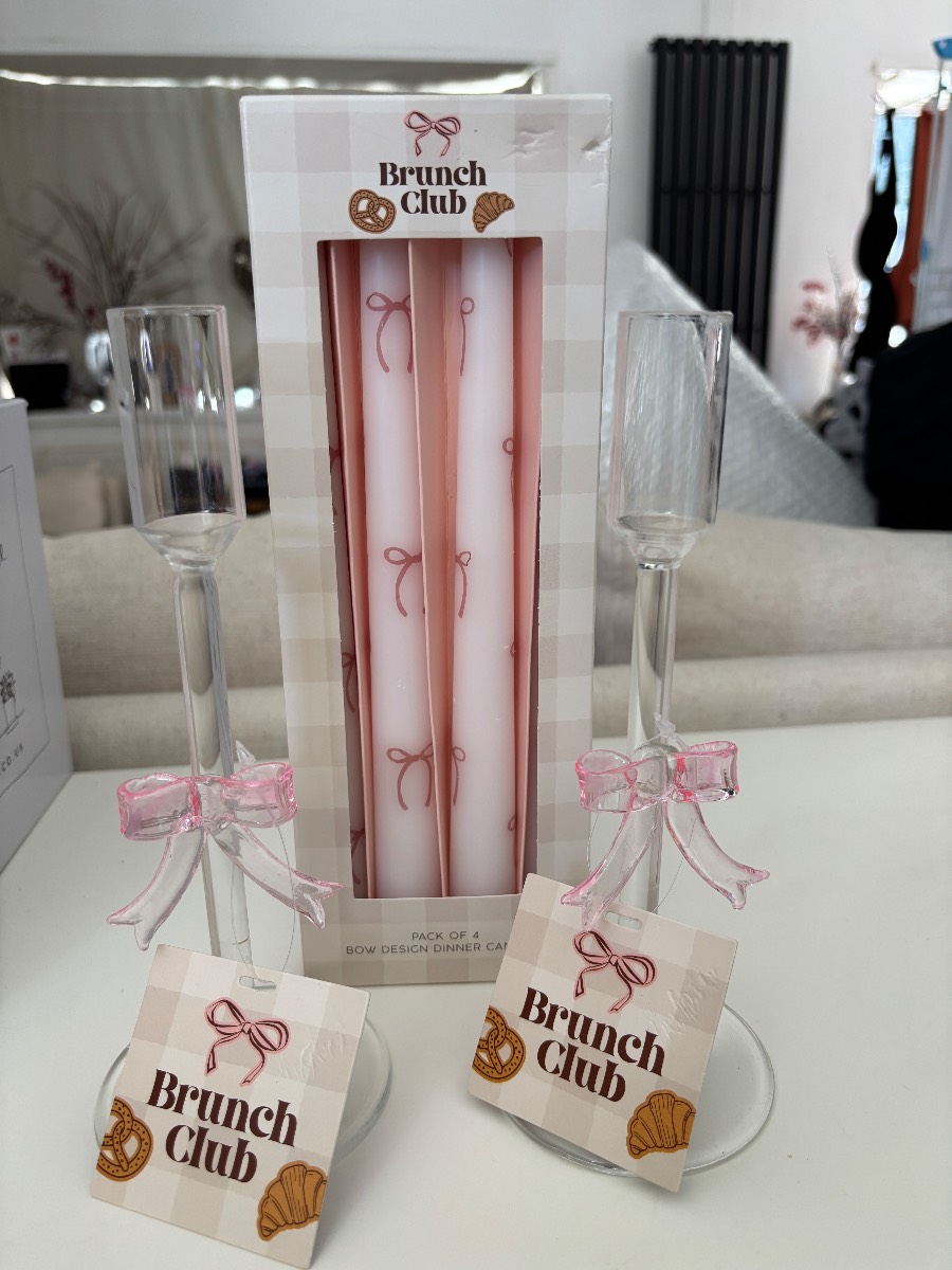 Viral B&M Brunch Club Set Of 2 Pink GLASS BOW DINNER CANDLE HOLDER & Candles