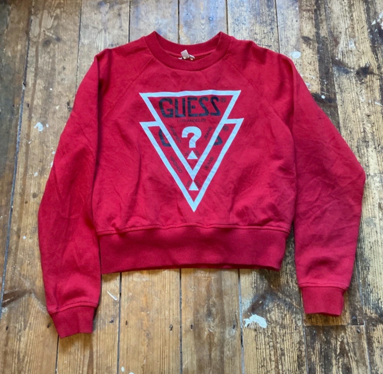 GUESS Women's XS Red Cropped Triangle Logo Pullover Sweatshirt