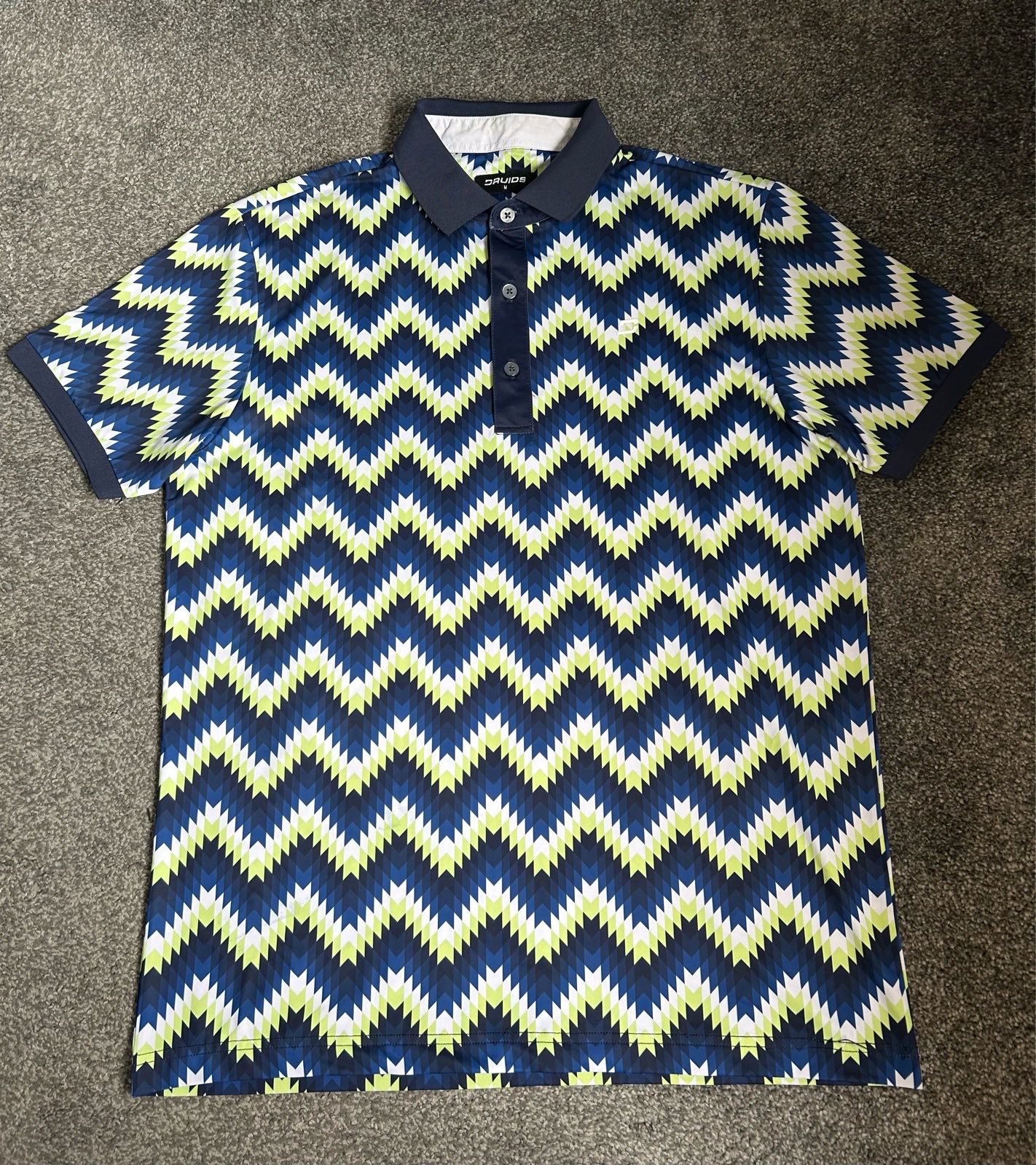 Druids men’s golf polo shirt - Green/Blue funky zig zag - Size M