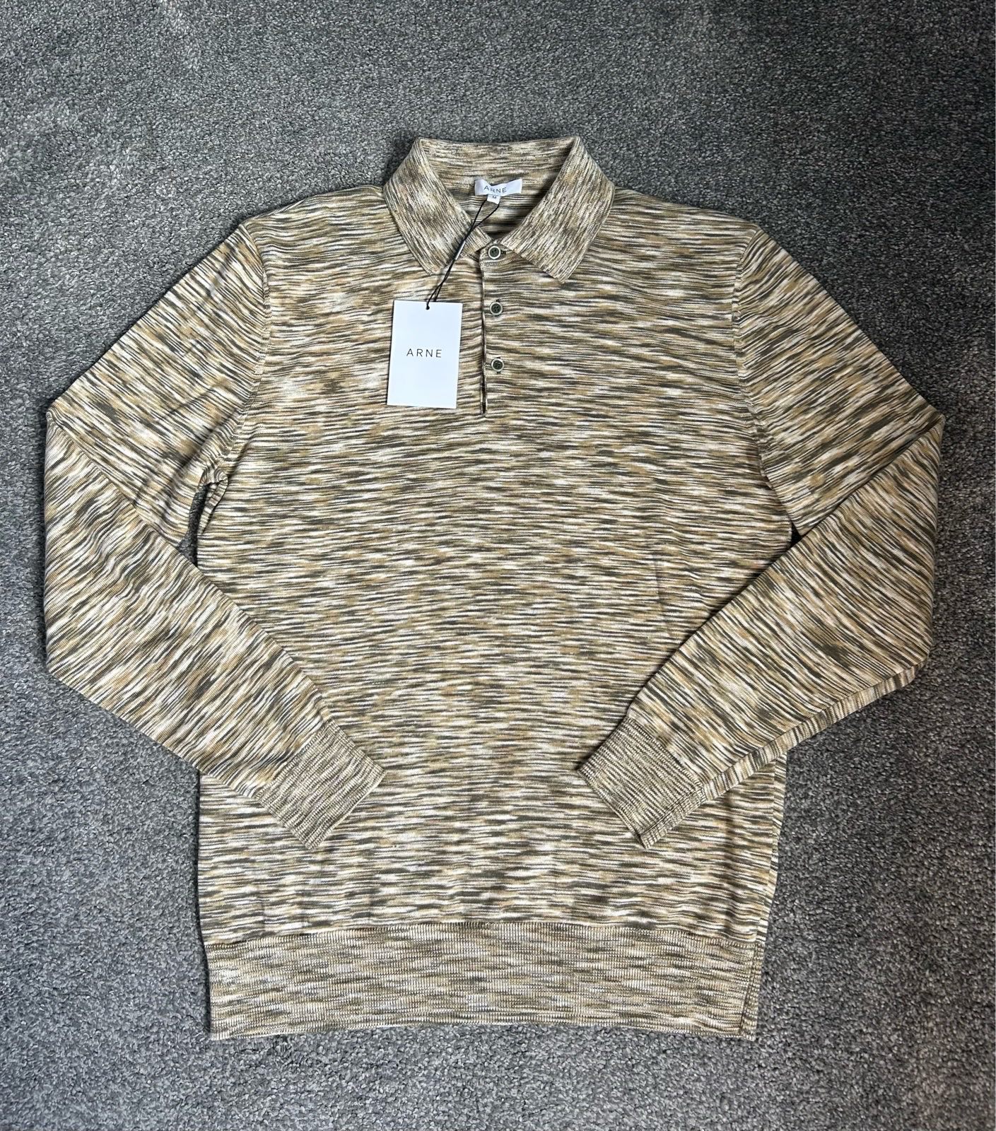 Arne men’s egyptian cotton long sleeve polo shirt - Olive space dye - M - NEW
