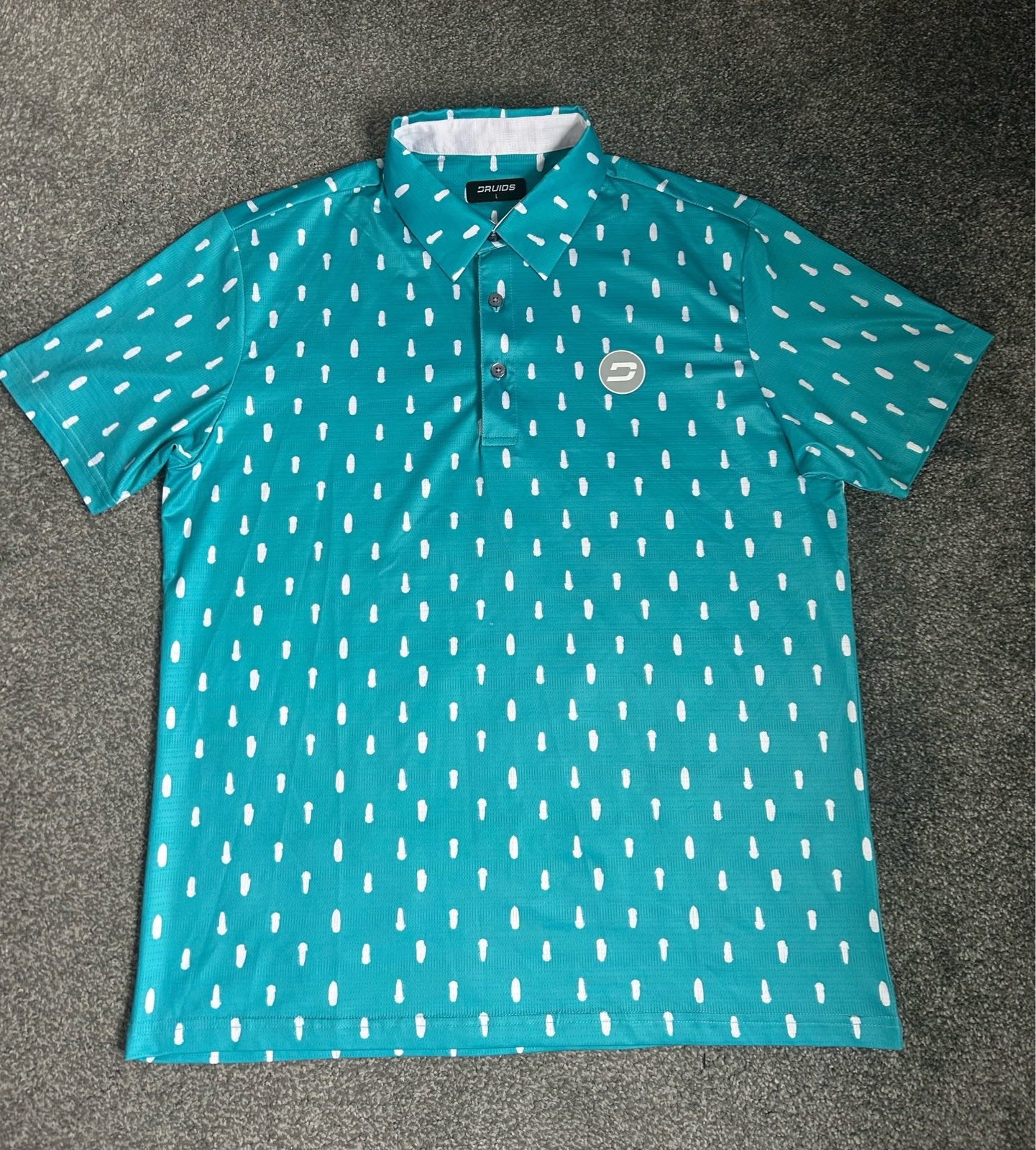 Druids men’s golf polo shirt - Teal/White splatter - Size L