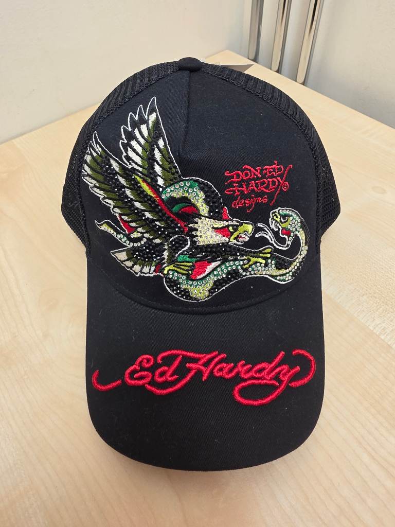 Authentic Ed Hardy Eagle-Snake Trucker Cap in the classic black-on-black color variant. very rare