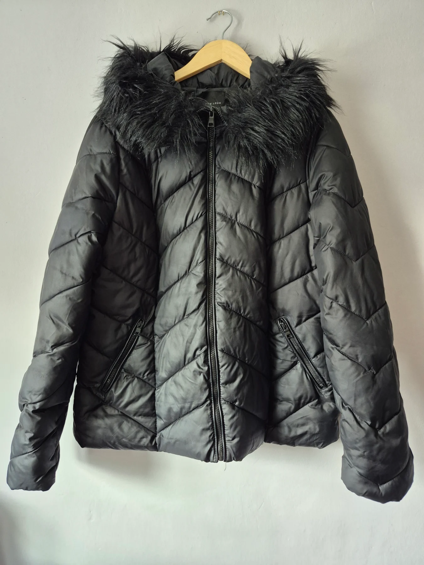 New Look Black Puffer Jacket UK 18 Faux Fur Hood Quilted Winter Coat