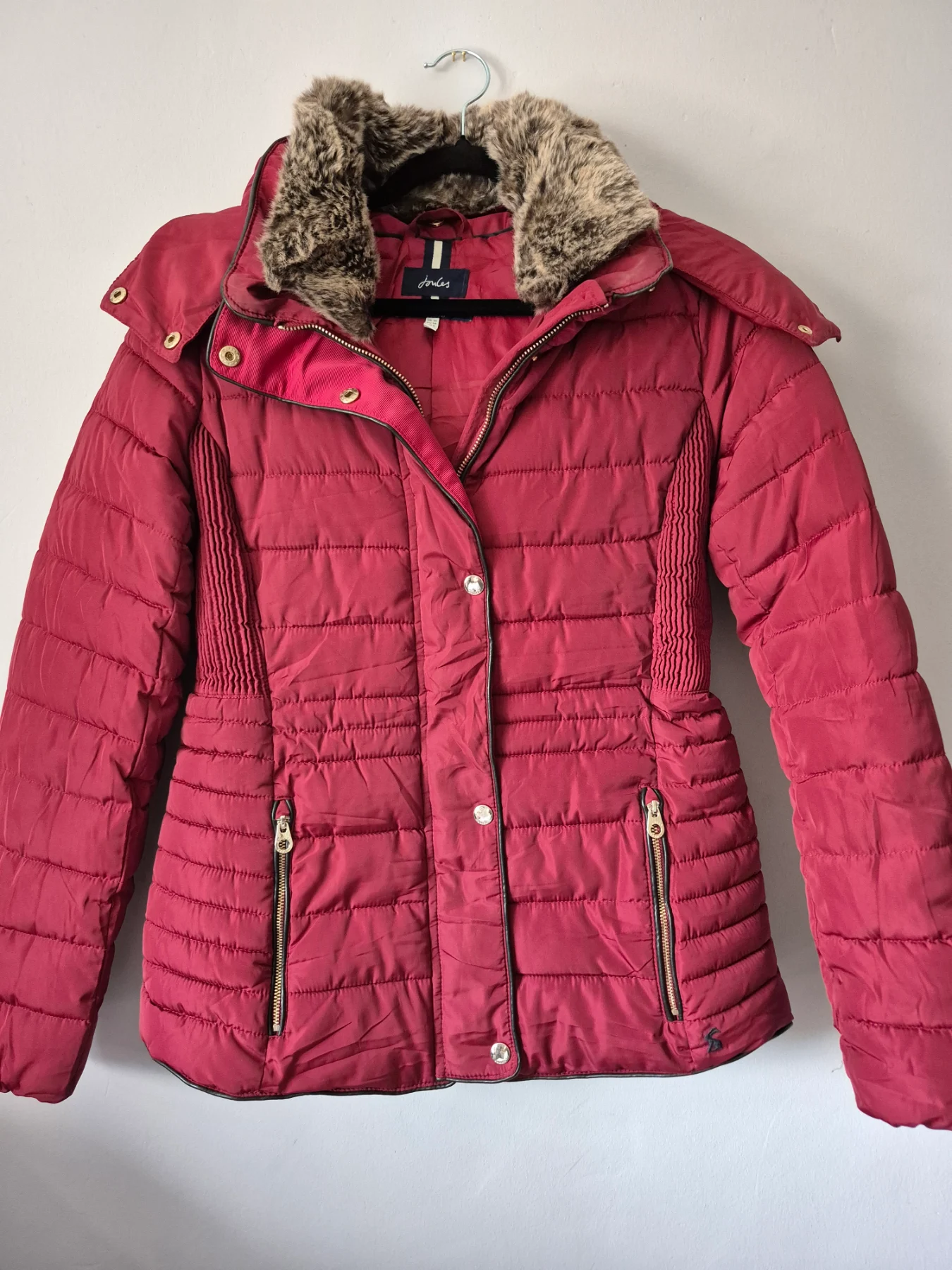 Joules Burgundy Quilted Puffer Jacket with Removable Zip-Off Hood UK 10