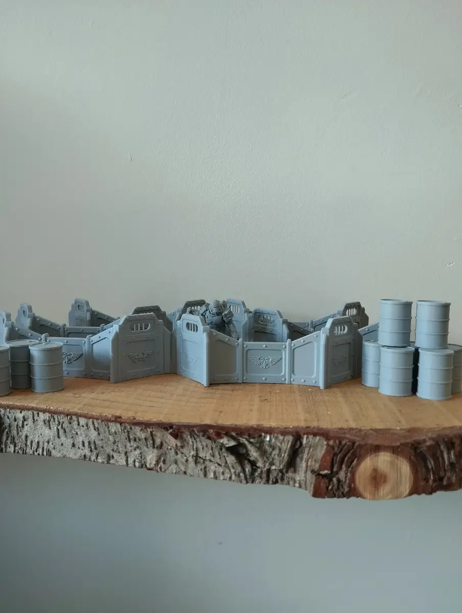 Set of 3d printed barricades and oil barrels terrain for Warhammer and wargames