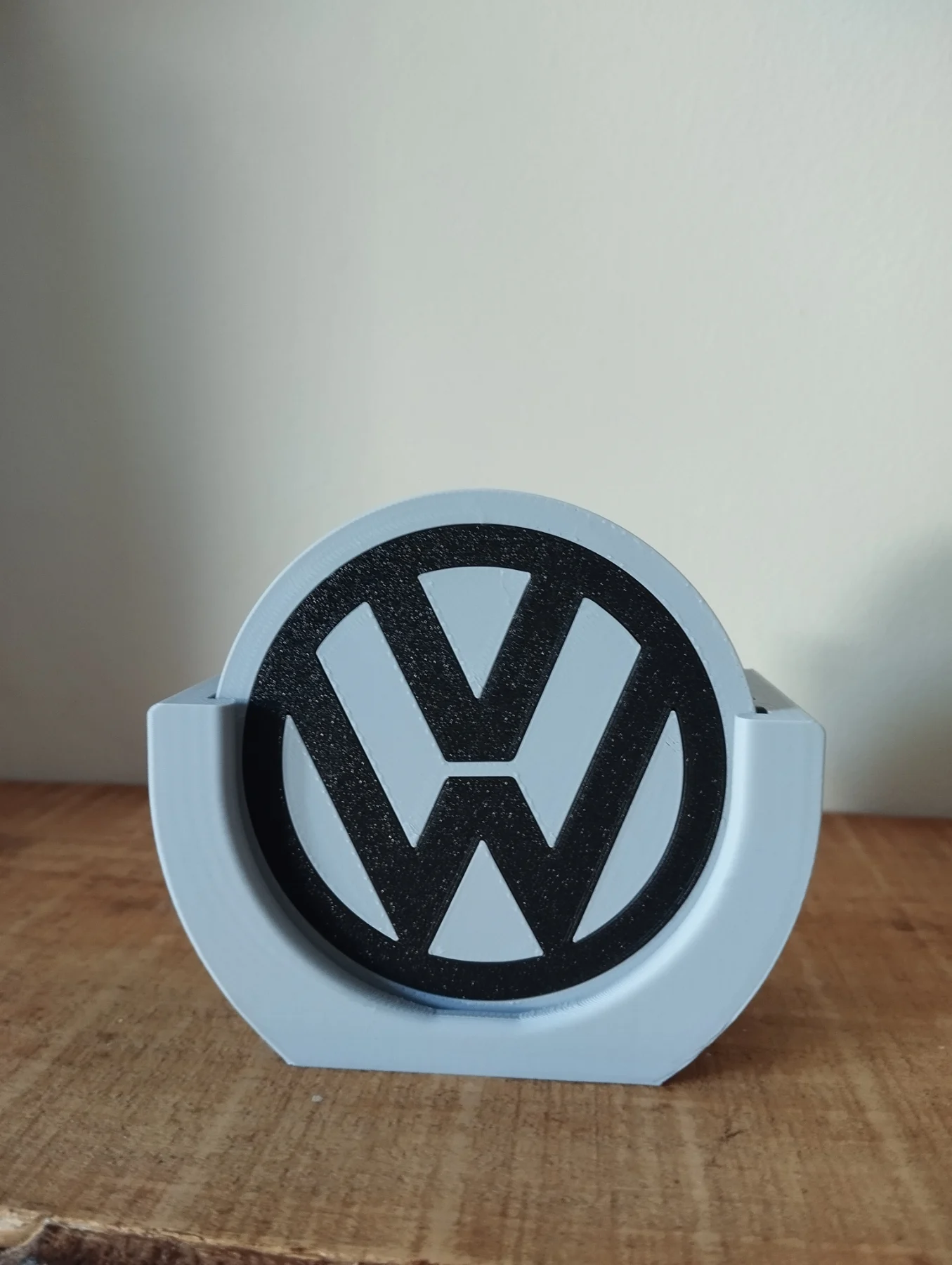 Set of 3d printed VW themed coaster set with holder in a grey and black filament