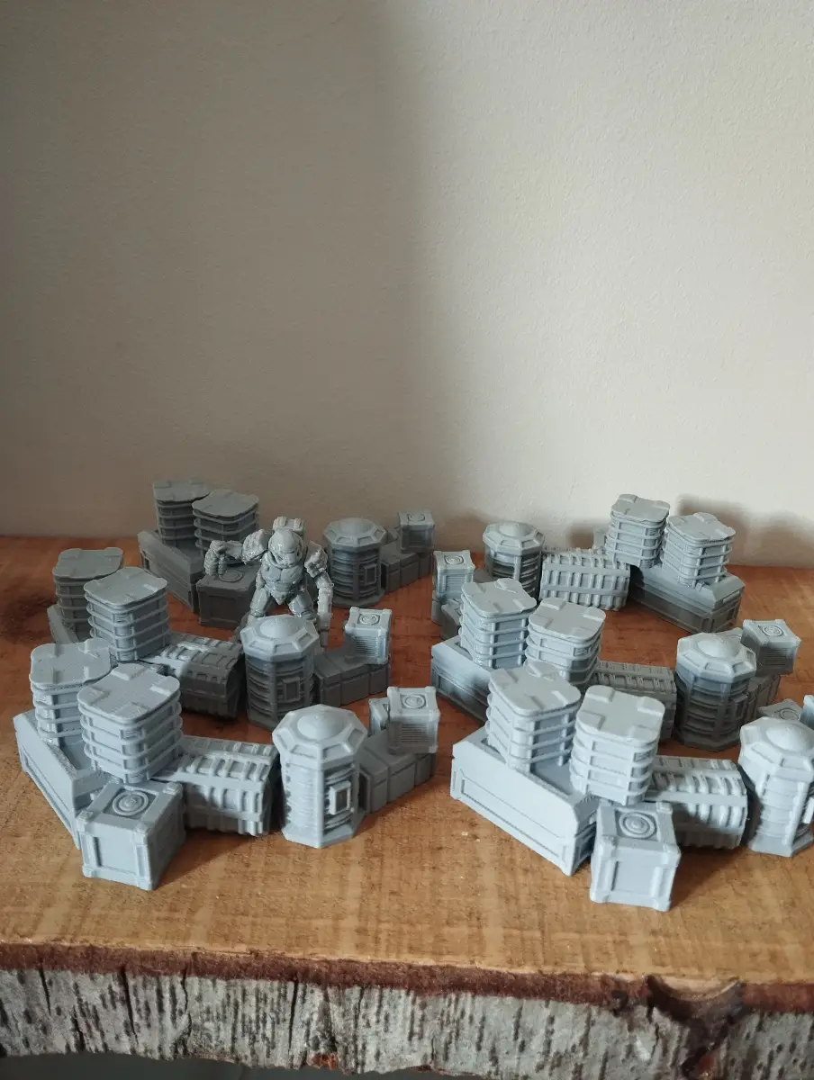 3d printed Warhammer and wargame terrain in a grey filament