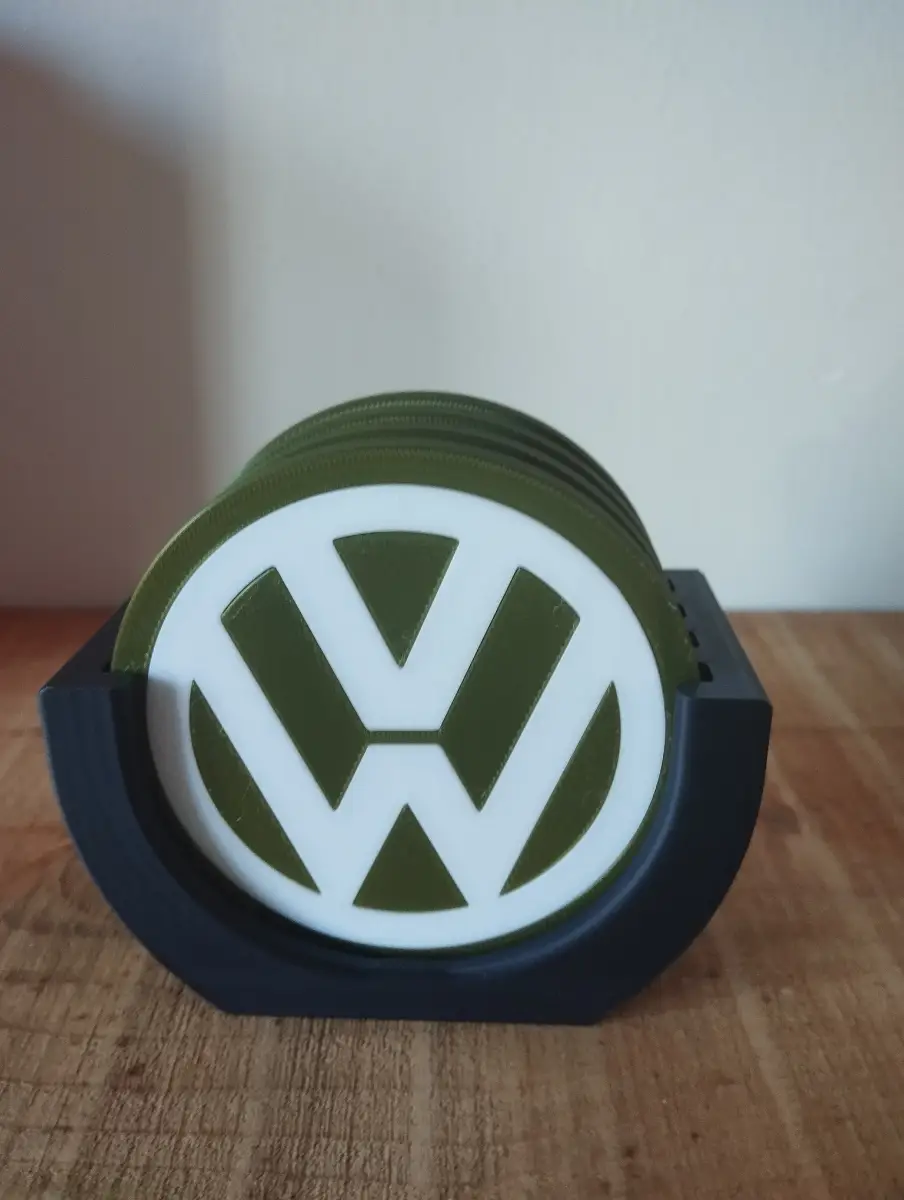3d printed VW themed coaster set and holder in olive green and white.