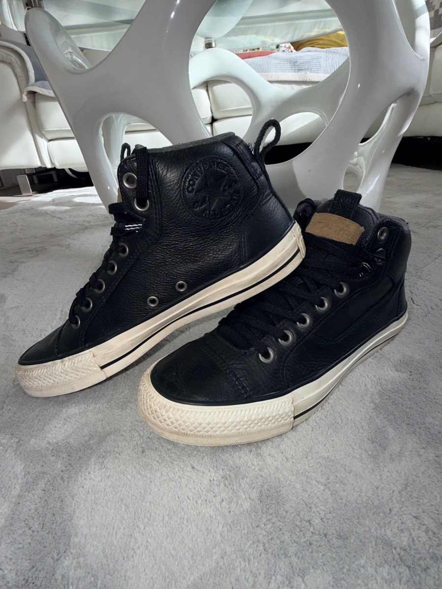 Converse All Star Black Leather Mid Top Lace-Up Trainers UK 7