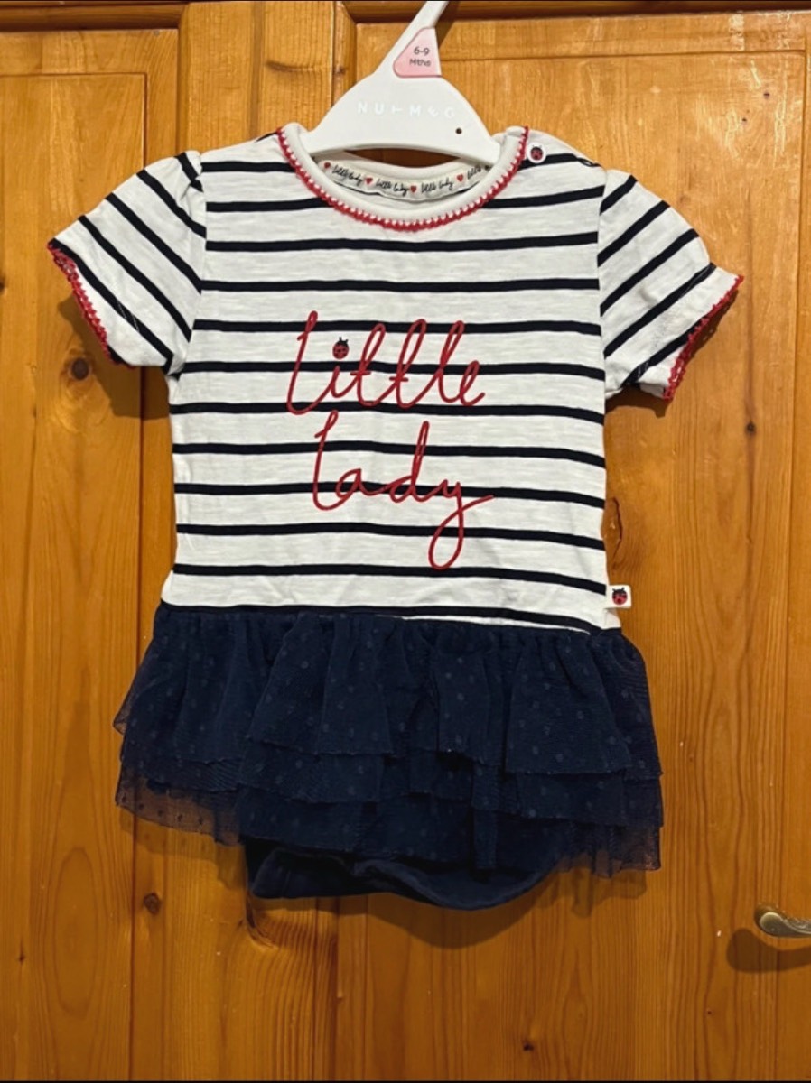 Mothercare Girls 6-9 Months Blue & White Striped Short Sleeve Mesh Tutu Skirt Bodysuit
