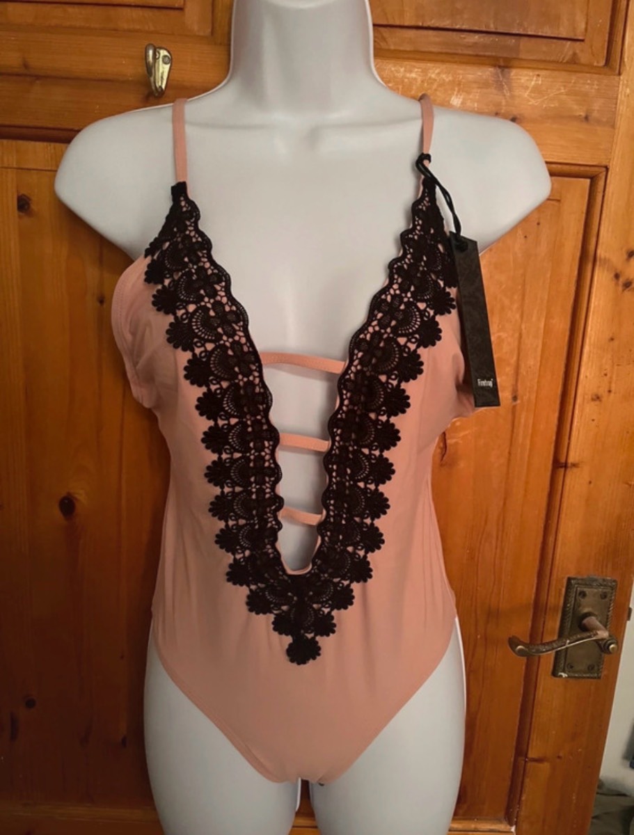 Firetrap Ladies Size 10 Blush With Black Lace Trim Swimsuit