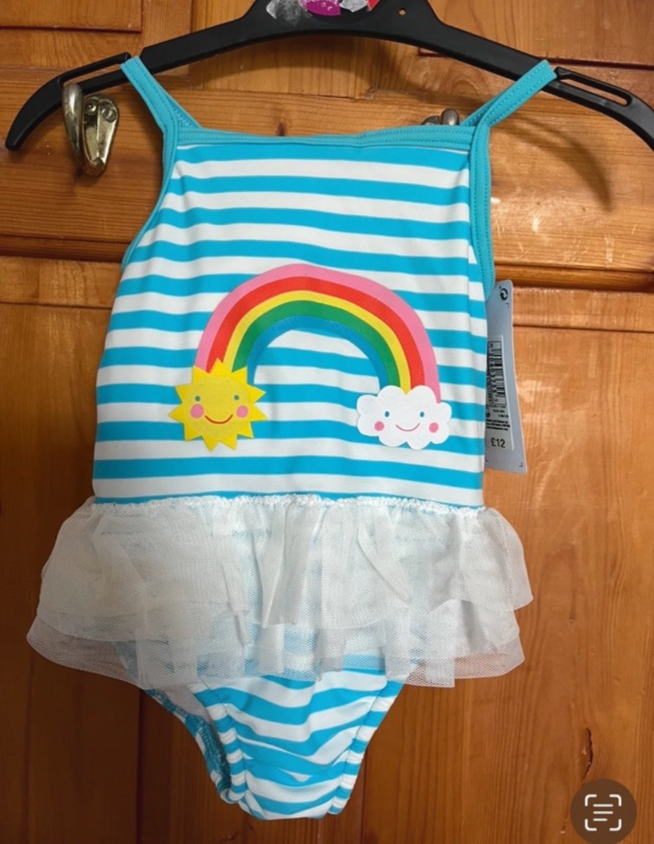 M&S Girls 9-12 Months Blue & White Stripe Rainbow Print Swimsuit With Integrated Nappy