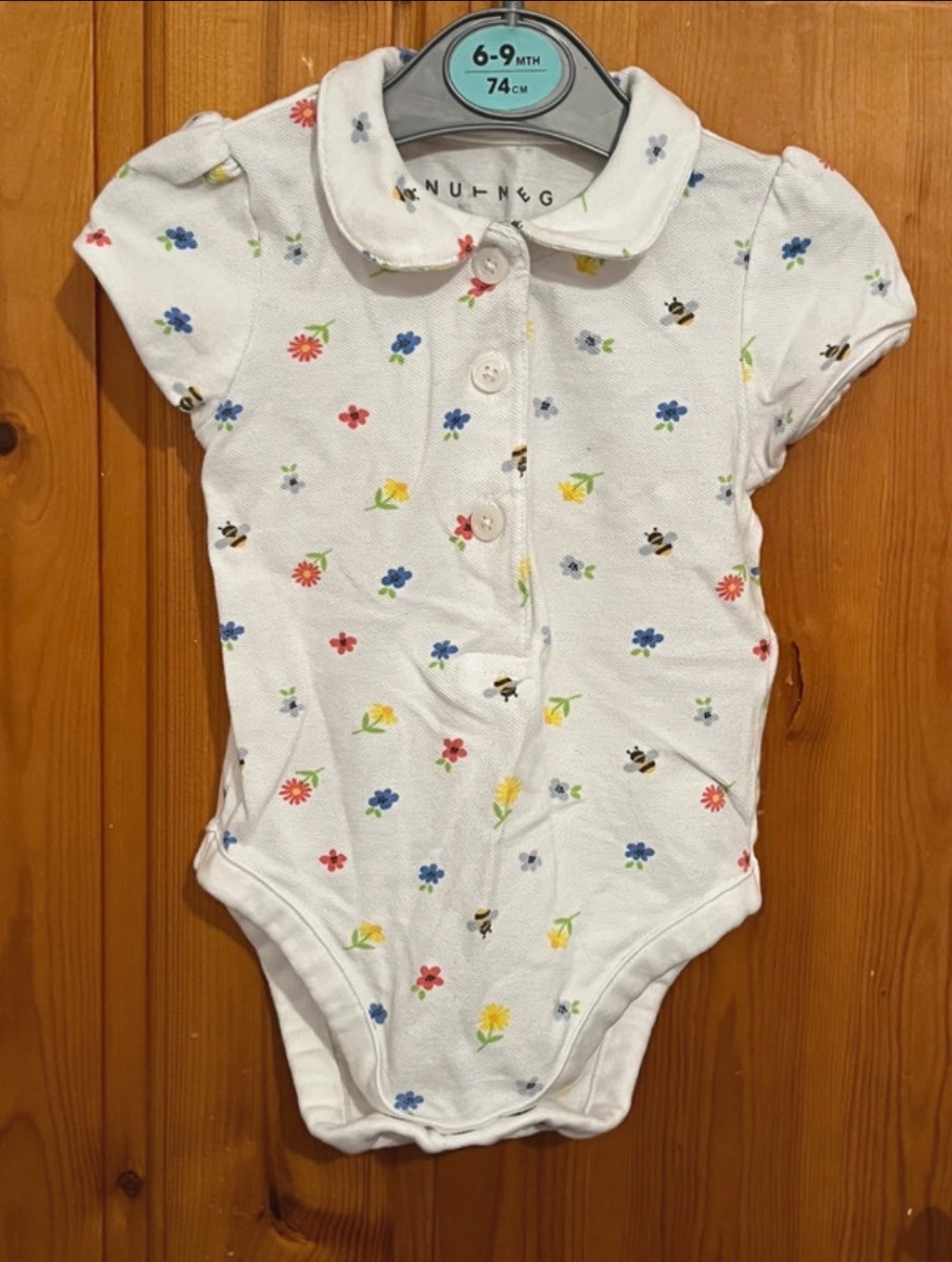 Nutmeg Girls 6-9 Months White Floral Print Short Sleeve Collared Polo Bodysuit