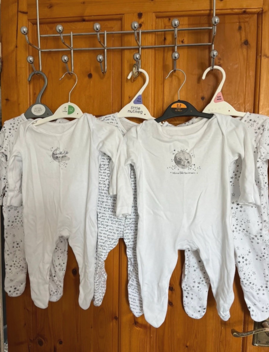 George 0-3 Months White & Grey Moon and Stars Sleepsuits