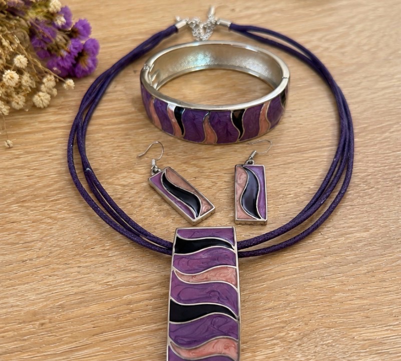 Purple Statement Jewellery Set – Necklace, Bangle & Earrings – Retro Y2K
