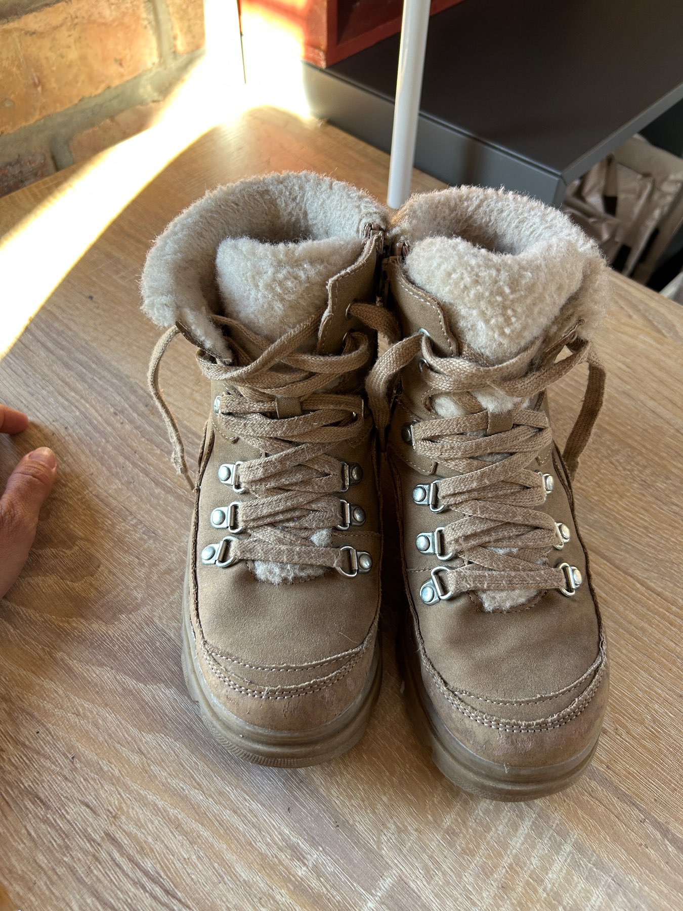 Taupe Beige Fur Lined Lace Up Winter Ankle Boots