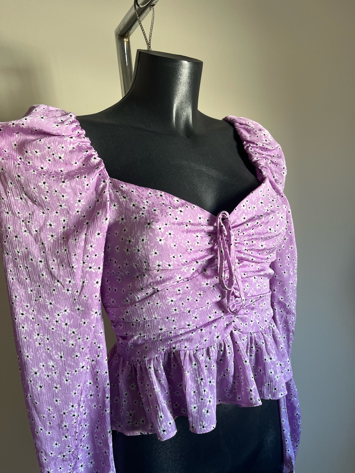 ZARA Lilac Floral Ruched Peplum Top Long Sleeve Milkmaid Blouse Size XS