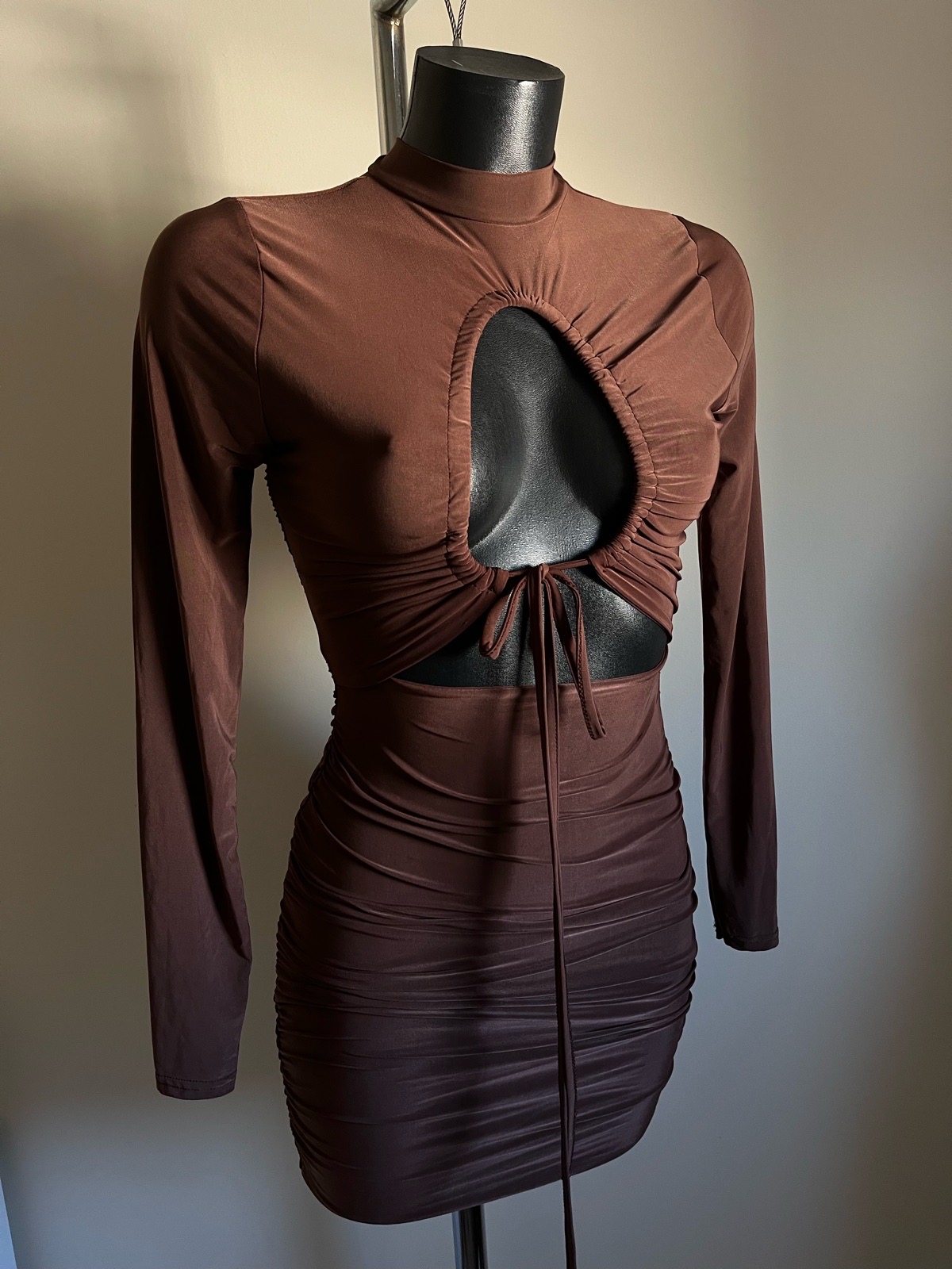 Missy Empire Brown Ruched Cut Away Long Sleeve Mini Dress Size 8