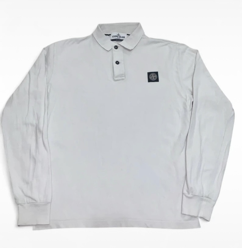 Vintage Stone Island Long Sleeve Polo - light grey/White (Pre-QR Era) - Medium
