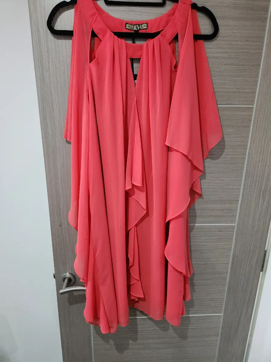 BIBA Coral Pink Chiffon Cape Cold Shoulder Ruffle Dress UK 18 BNWT New