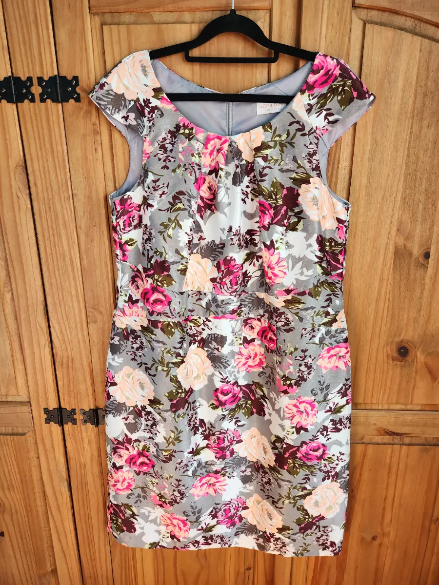 Anna Rose Grey Mix Floral Cap Sleeve Shift Dress Size 16