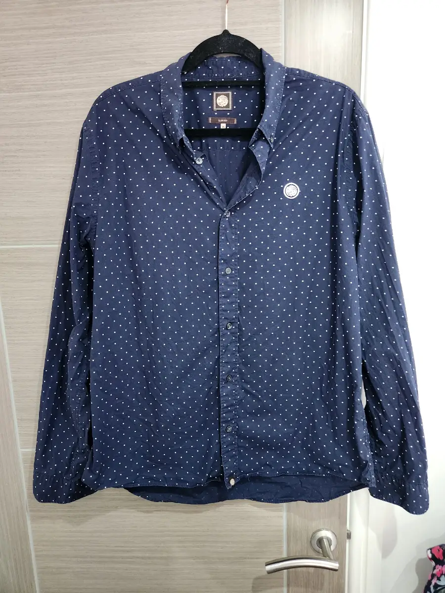 PRETTY GREEN Navy Blue Polka Dot Long Sleeve Shirt Mens XL Slim Fit Indie Mod