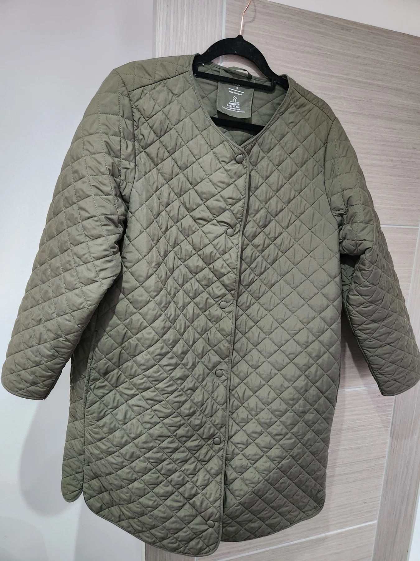 M&S Stormwear Khaki Green Diamond Quilted Collarless Liner Long Coat Size 18 UK
