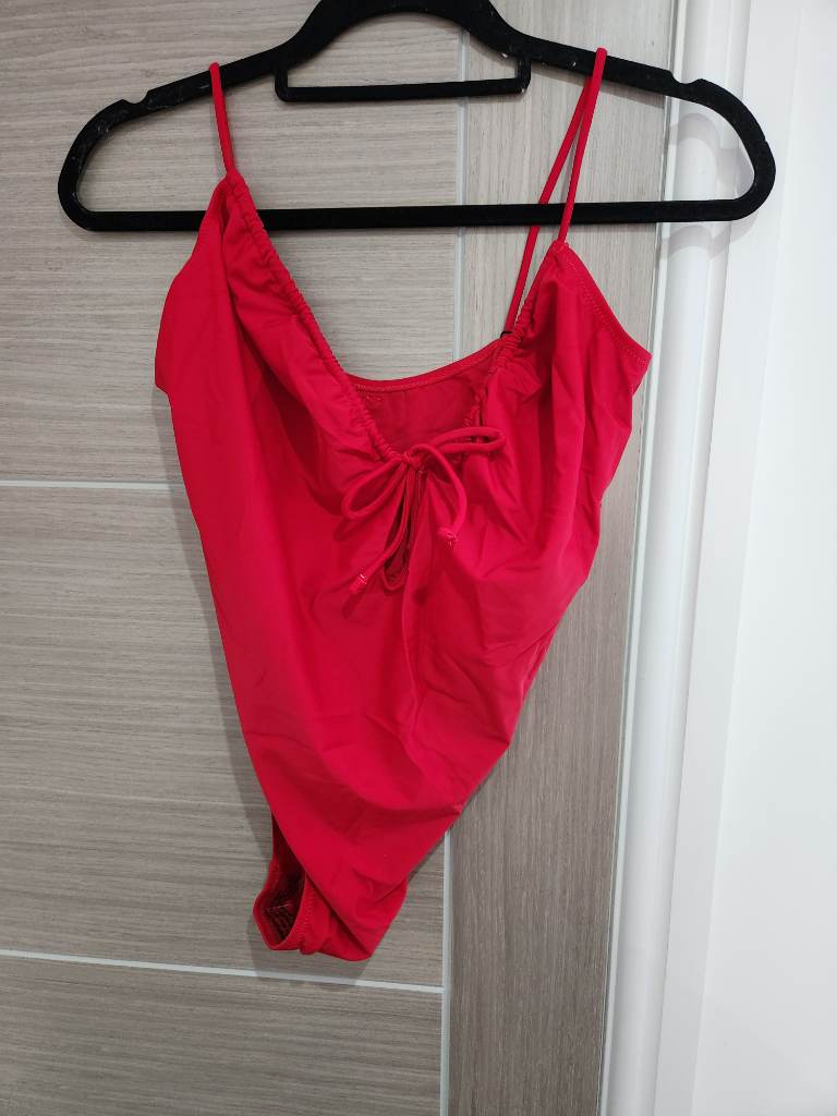 Candypants tie front ruched swimsuit in dark red Size 16