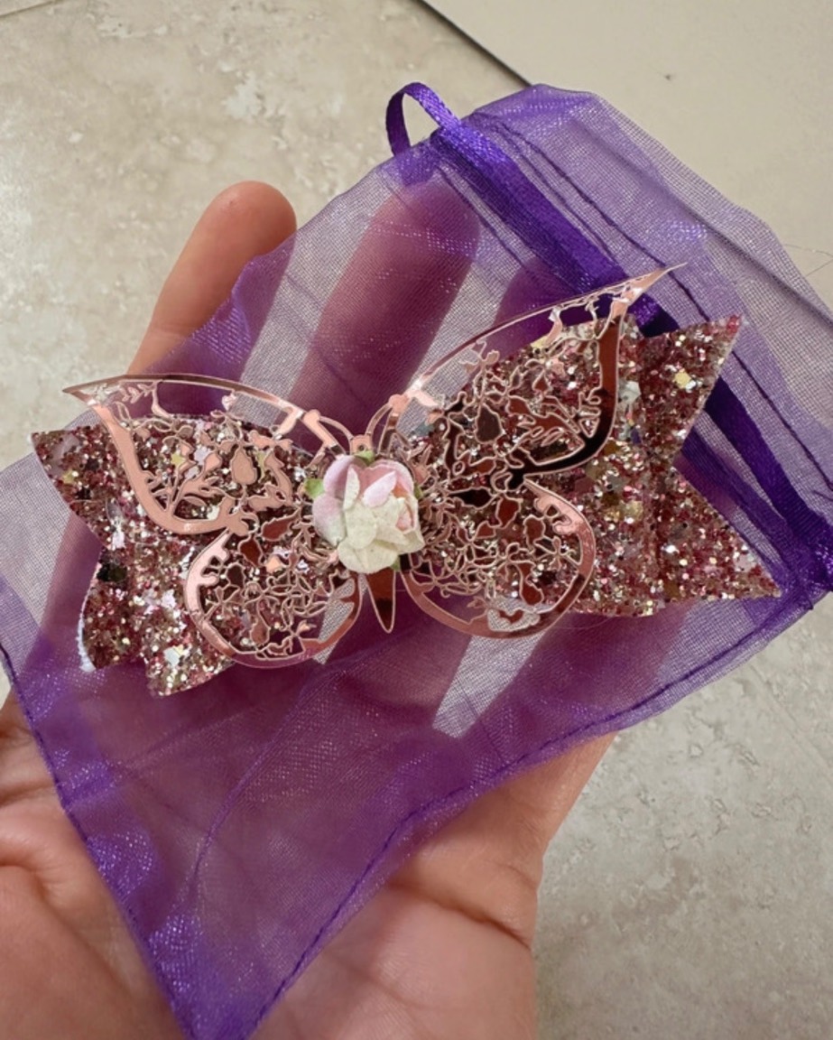 Beautiful hair bow with rose glitter handmade New 2