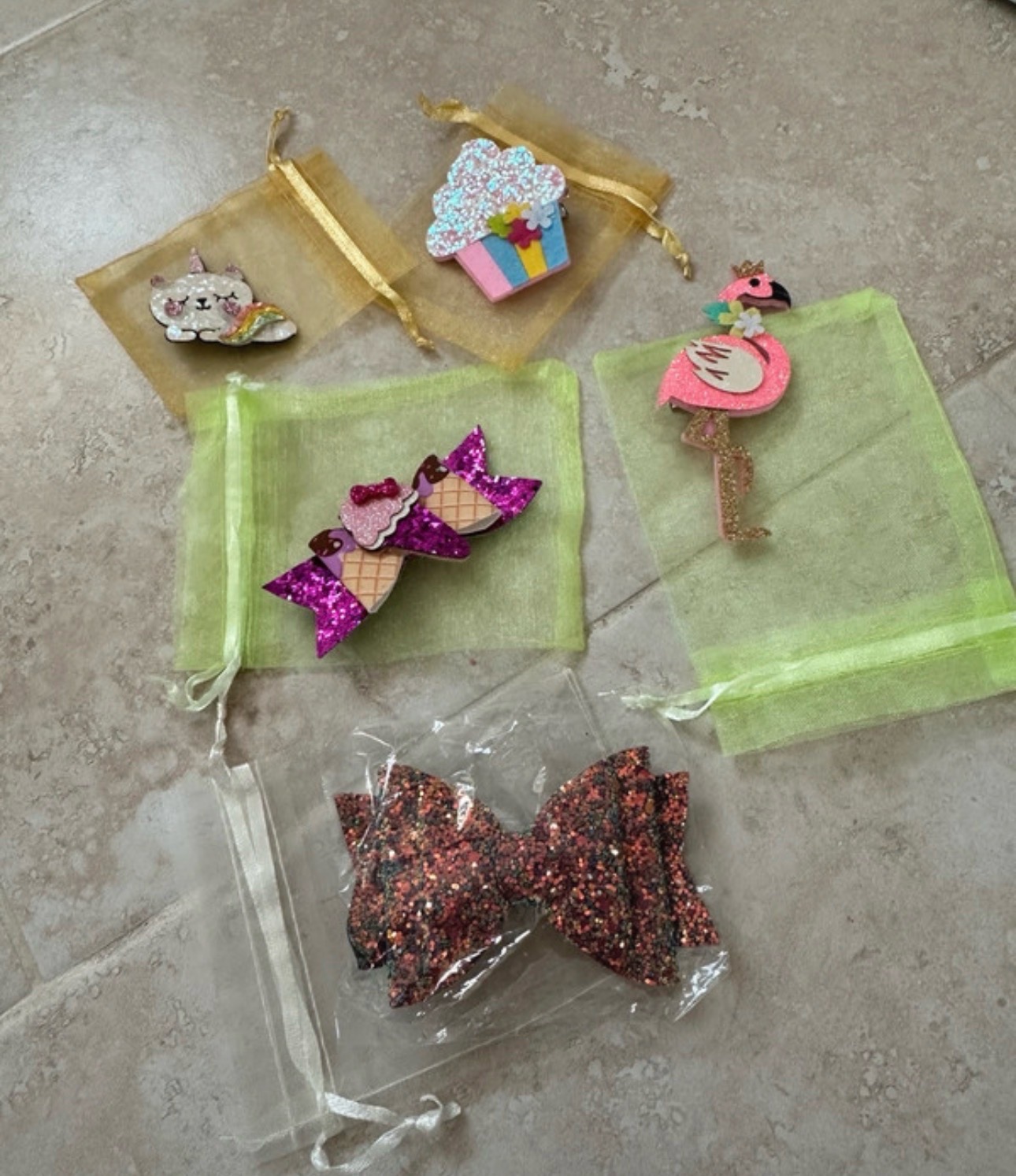 Bundle of hand made hair vintage bows, cupcake, cat, flamingo holiday hair sparkles fun