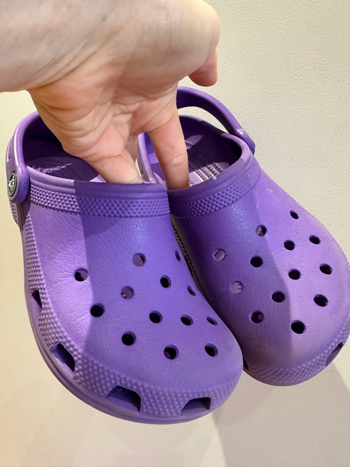 Size 4 purple crocs worn