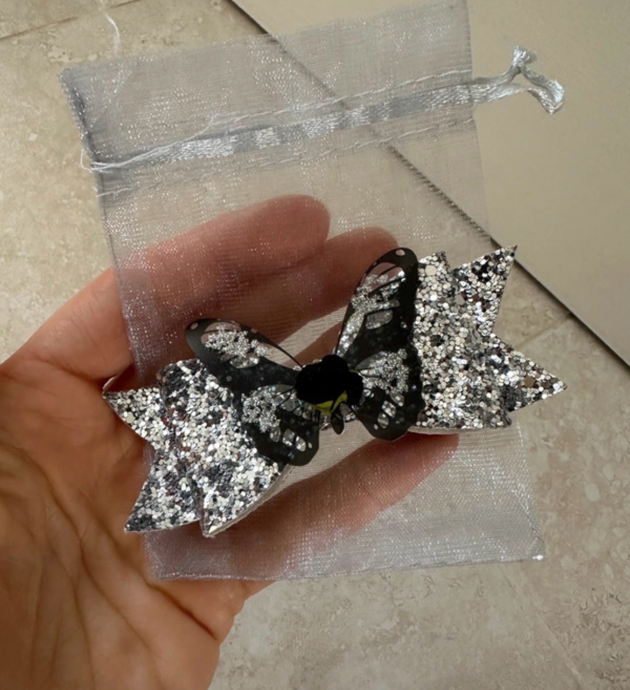 Beautiful butterfly brides maide hair bow 4 hand made black and silver sparkle