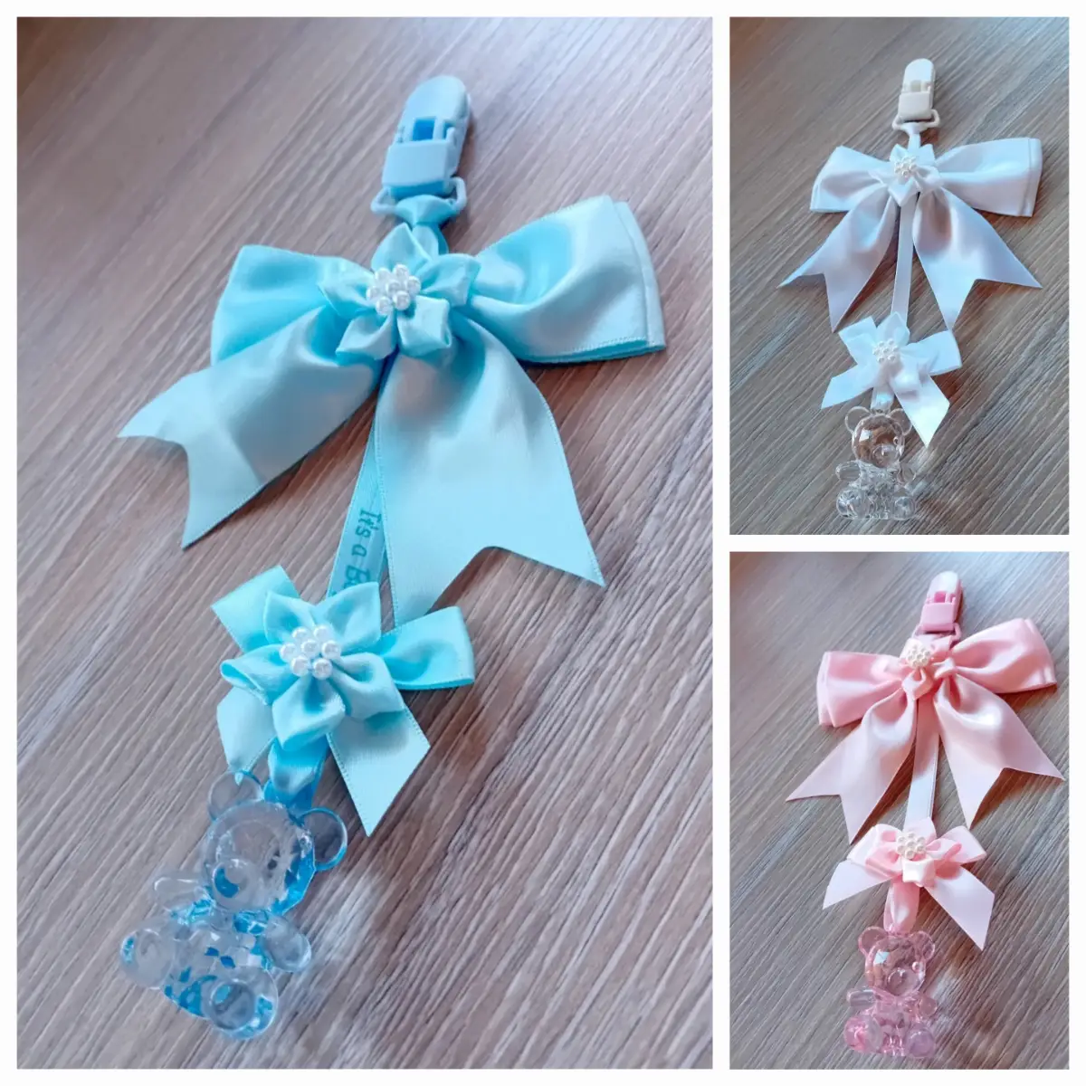 Teddy double satin ribbon bow pram charms