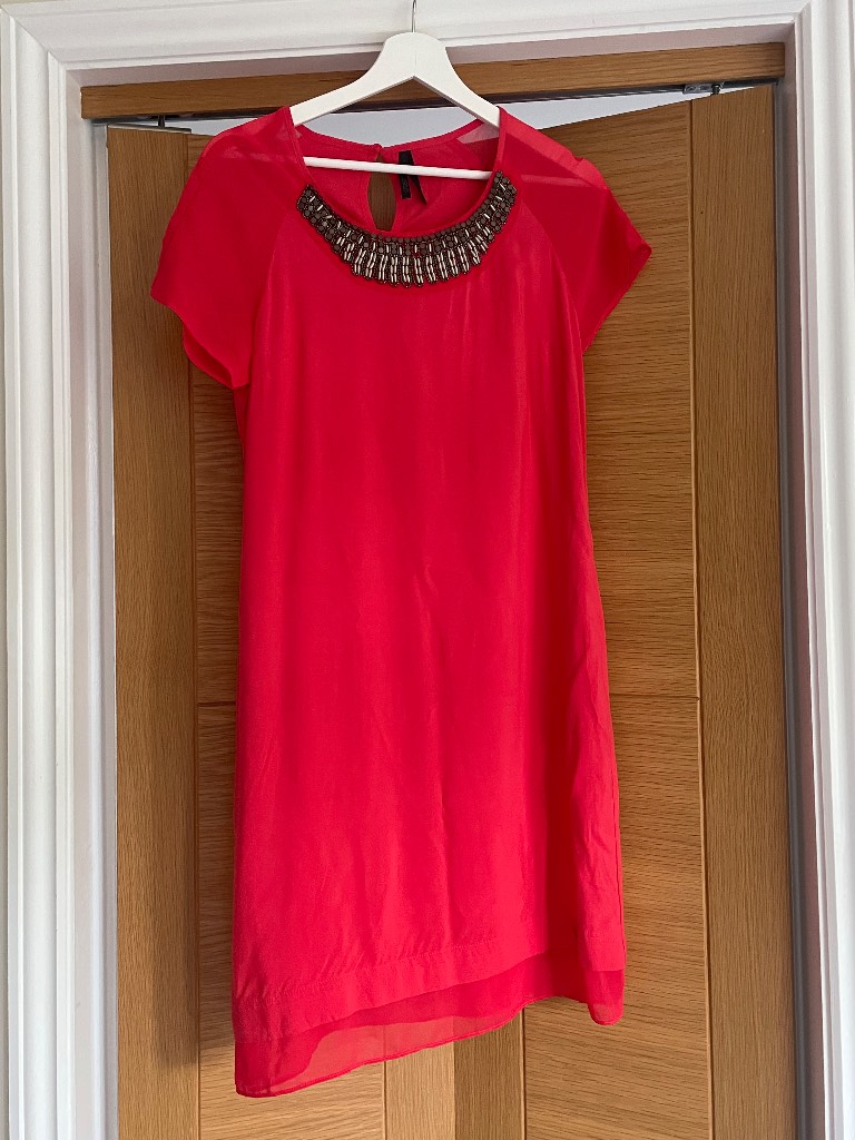 Coral red shift summer dress with beading lined size 8 holiday beach
