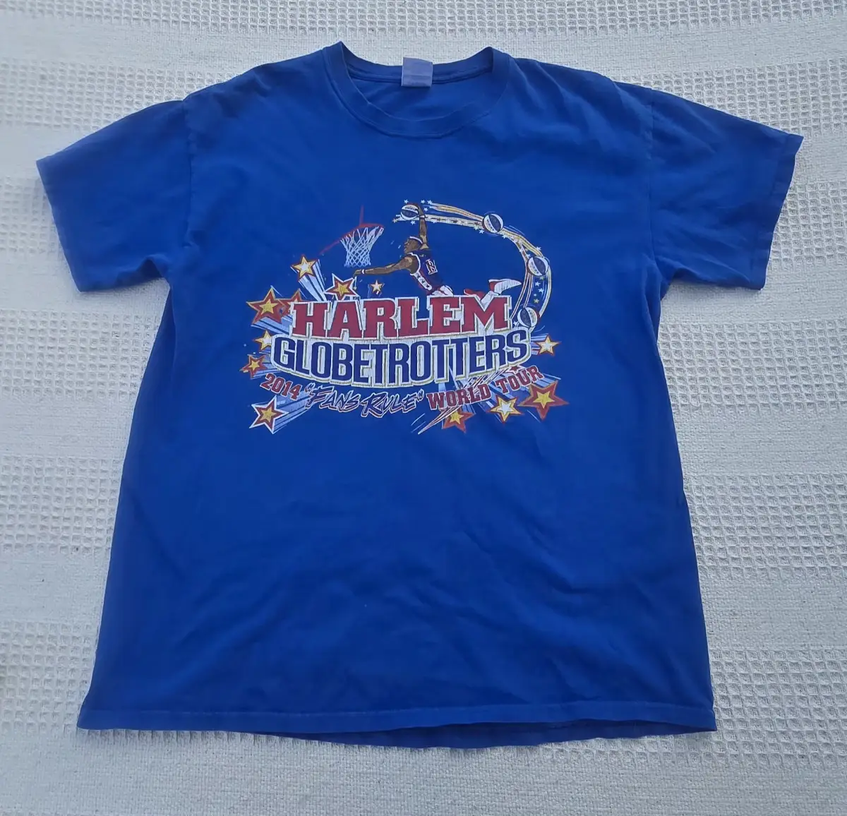 Harlem Globetrotters 2014 Fans Rule World Tour T-Shirt Blue Size Large Double Sided